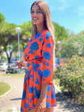Abito arancio fiori azzurri