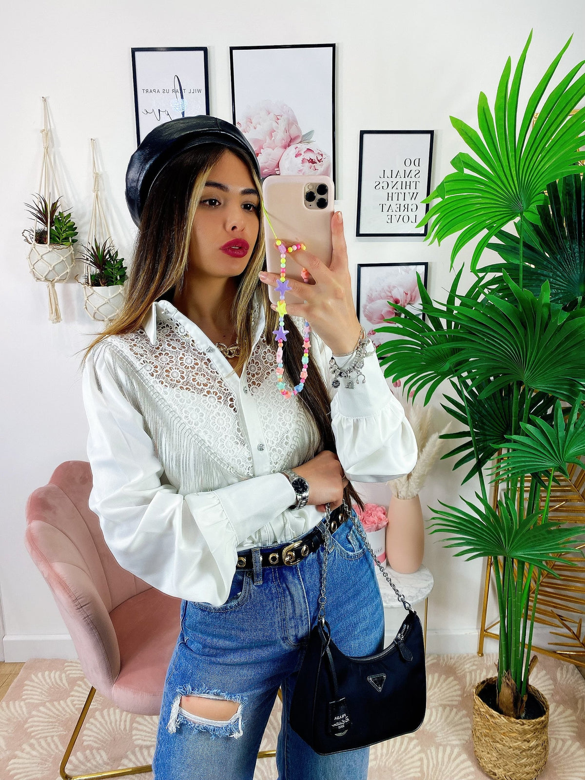 Camicia in raso con frange e strass