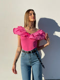 Body scollo a barchetta con Rouches Fuxia