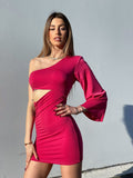 Abito aderente monospalla Fuxia con manica lunga