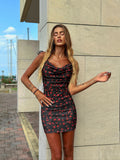 Abito corto push up fiori rossi