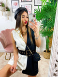 Tutina a Blazer bicolor con borsetta bianco nero