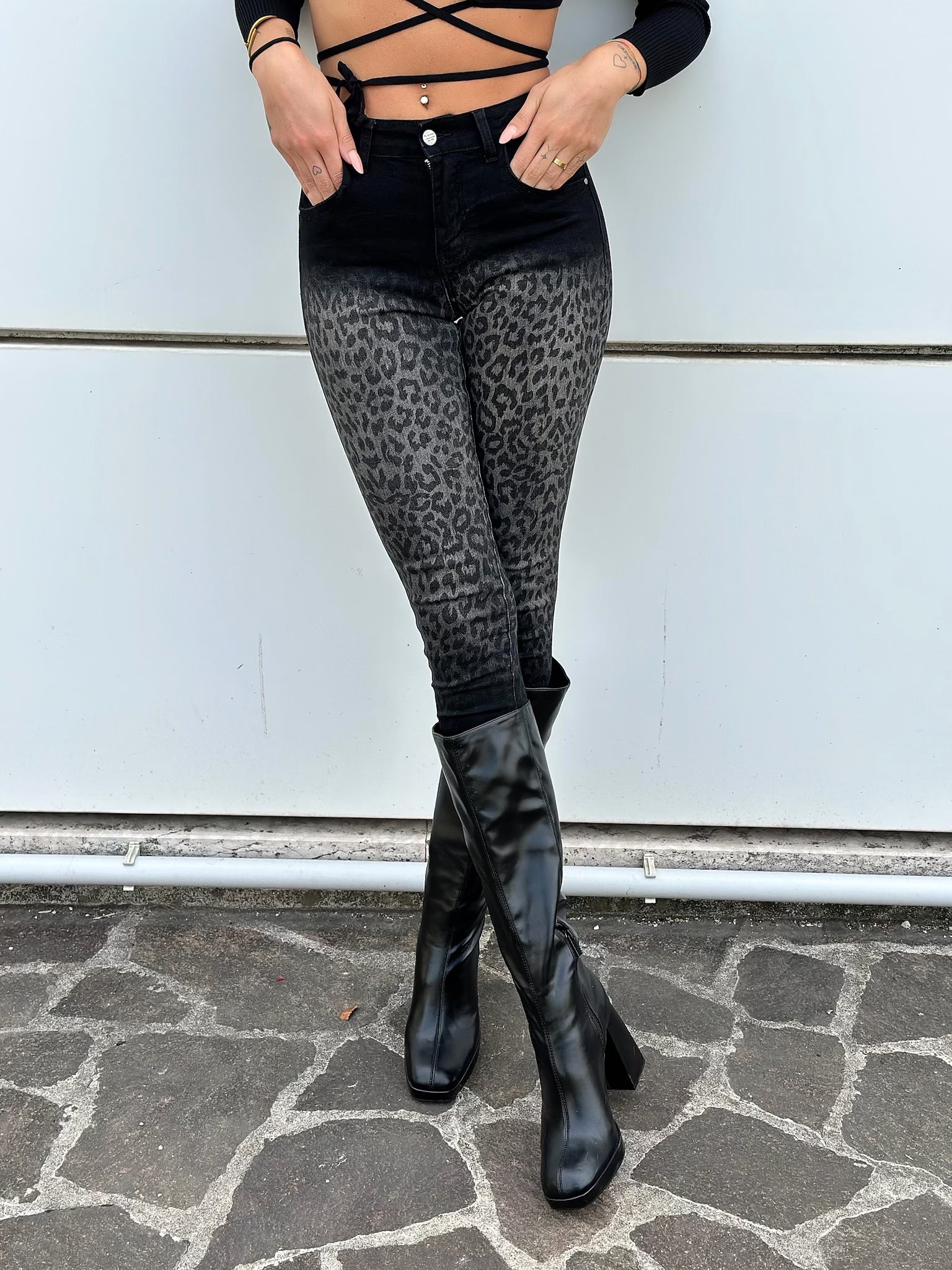 Jeans skinny animalier nero