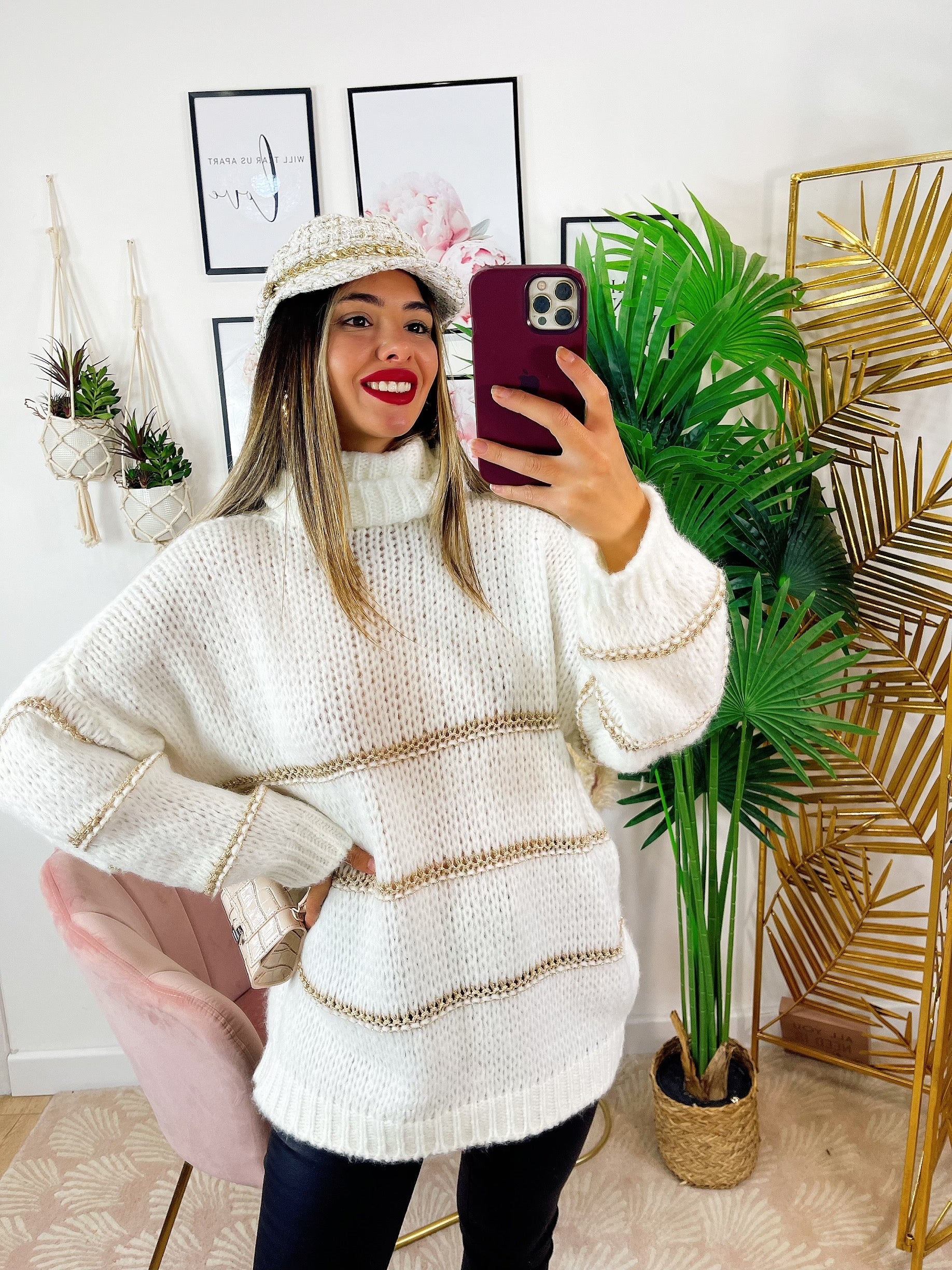 Maglione a collo alto Bianco dettaglio oro