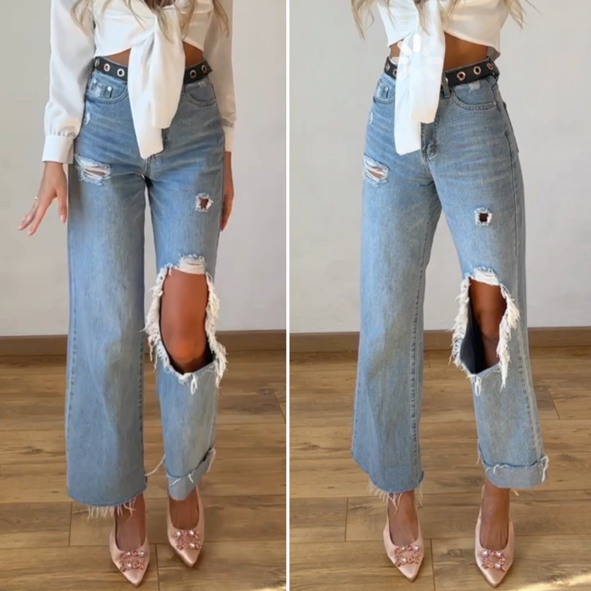 Jeans con maxi spacco e risvolto