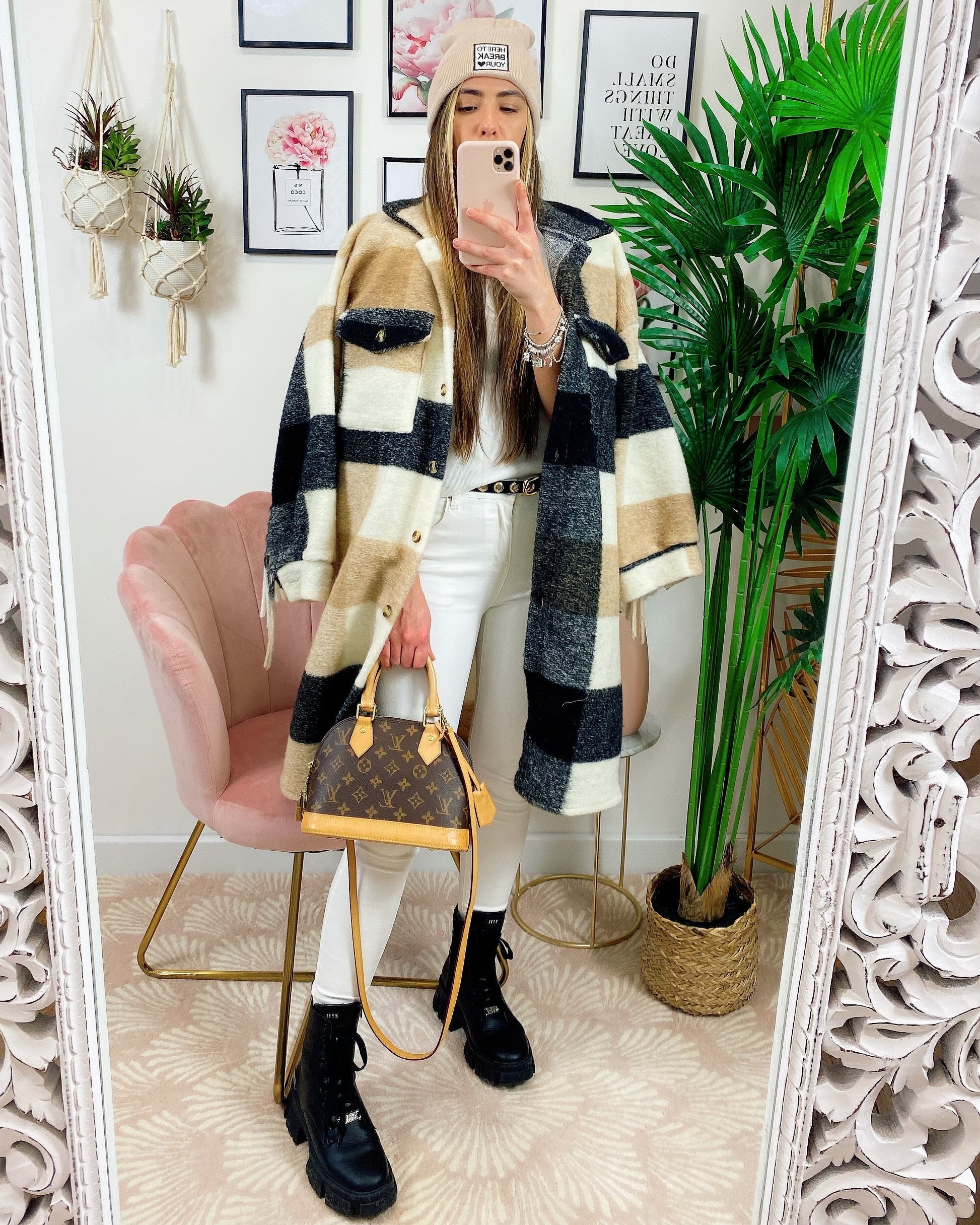 Giacca a quadri Beige nero lunga con frange
