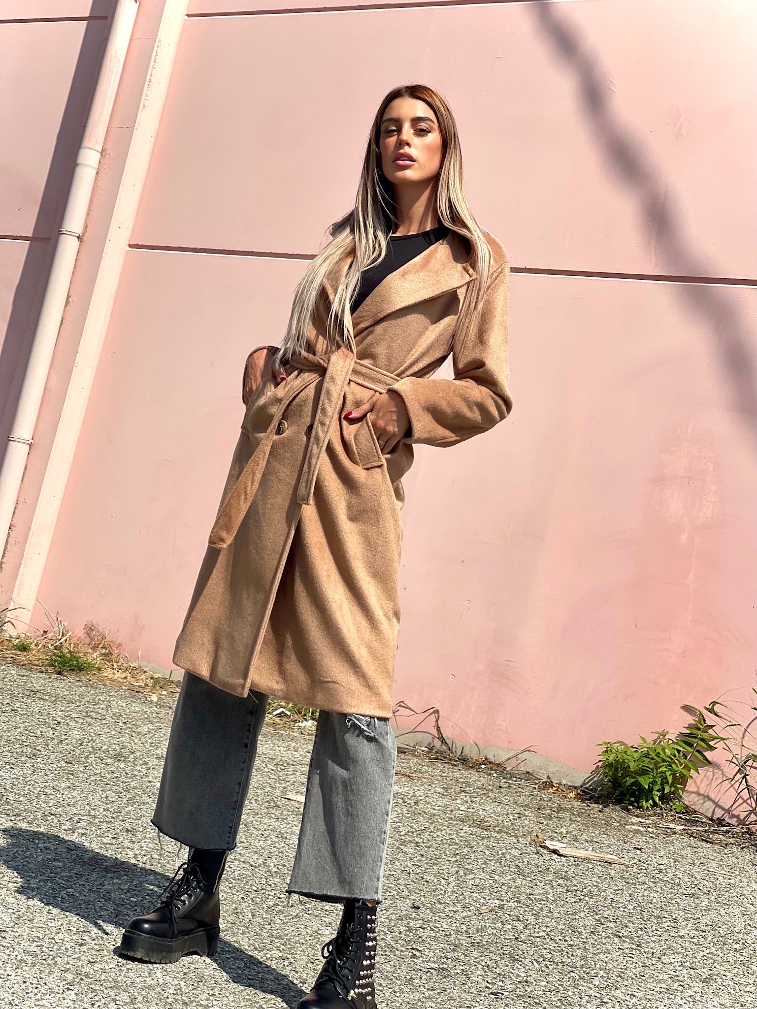 Cappotto lungo Camel con cintura