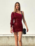 Abito con paillettes monospalla Bordeaux