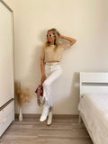 Maglioncino crop beige con piume