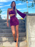 Abito aderente monospalla Bordeaux con manica lunga