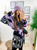 Cardigan lilla con frange e cinta