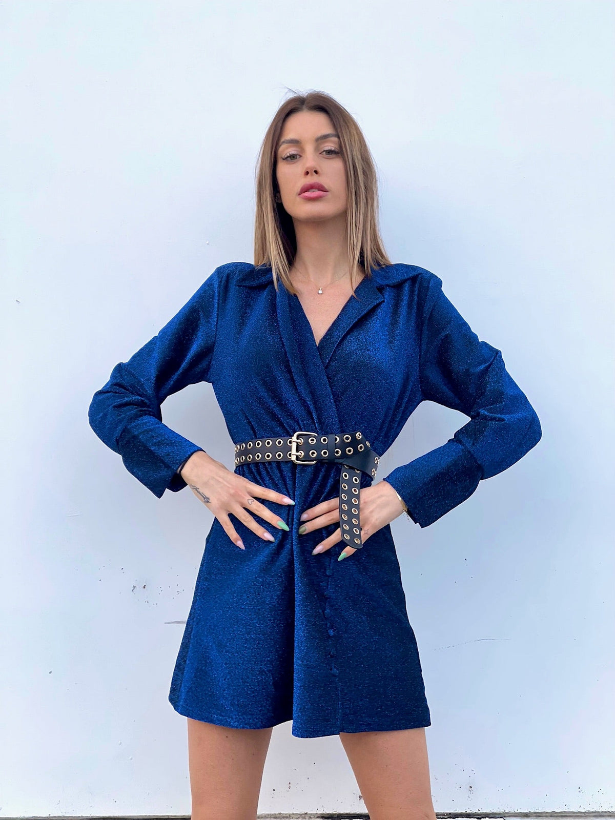 Abito glitter blu con colletto