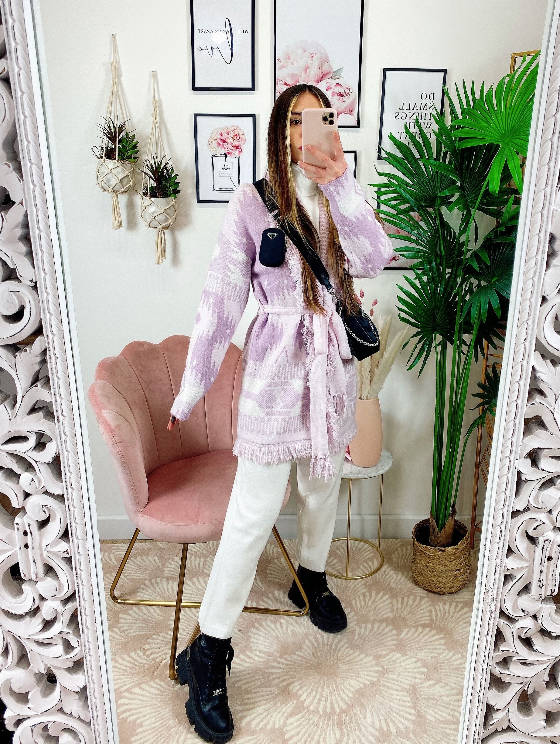 Cardigan con frange e cinta glicine alta qualità