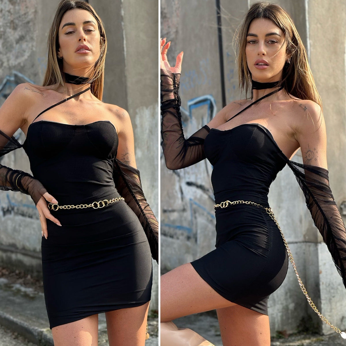 Abito nero maniche velate e laccio