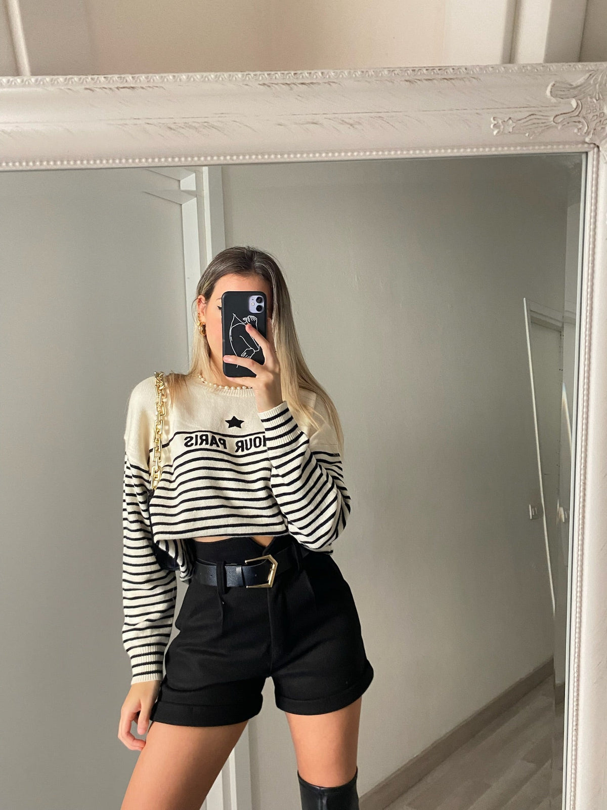 Short nero in panno con cintura
