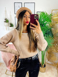 Maglione camel con perle scollo a U