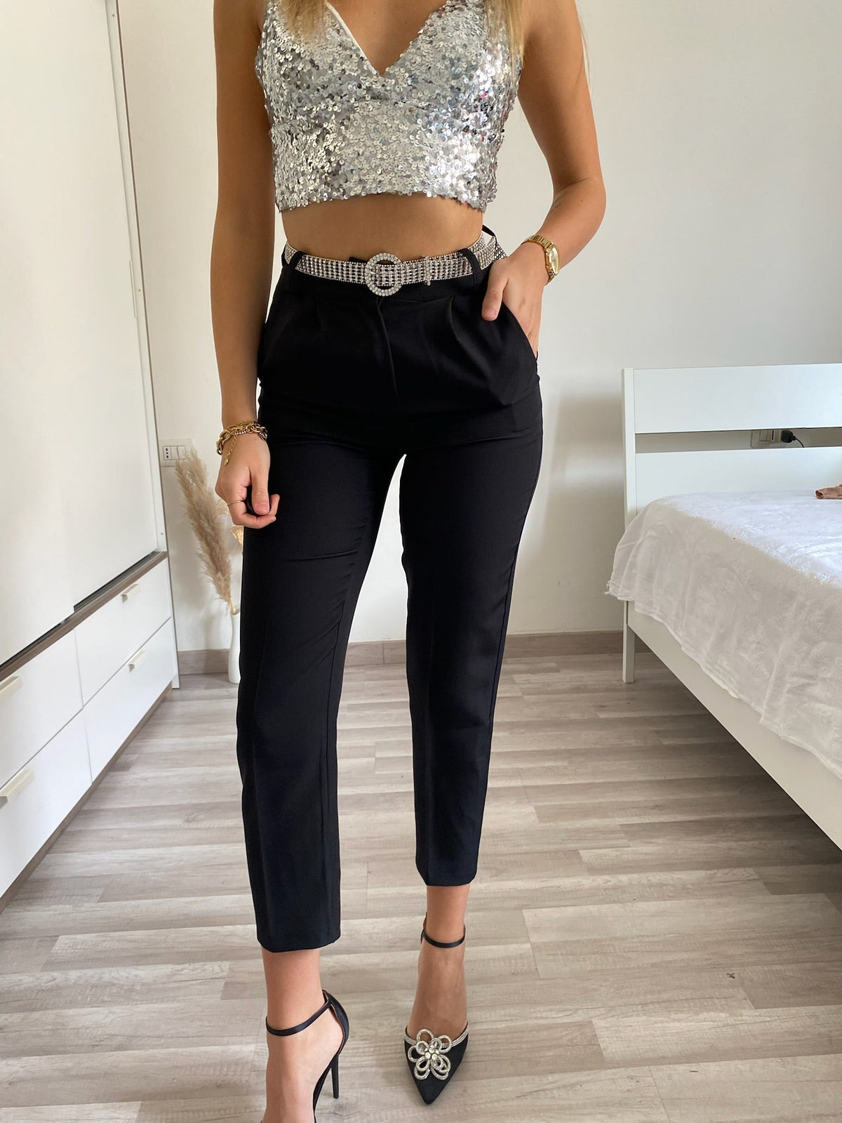 Completo giacca e pantalone strass nero