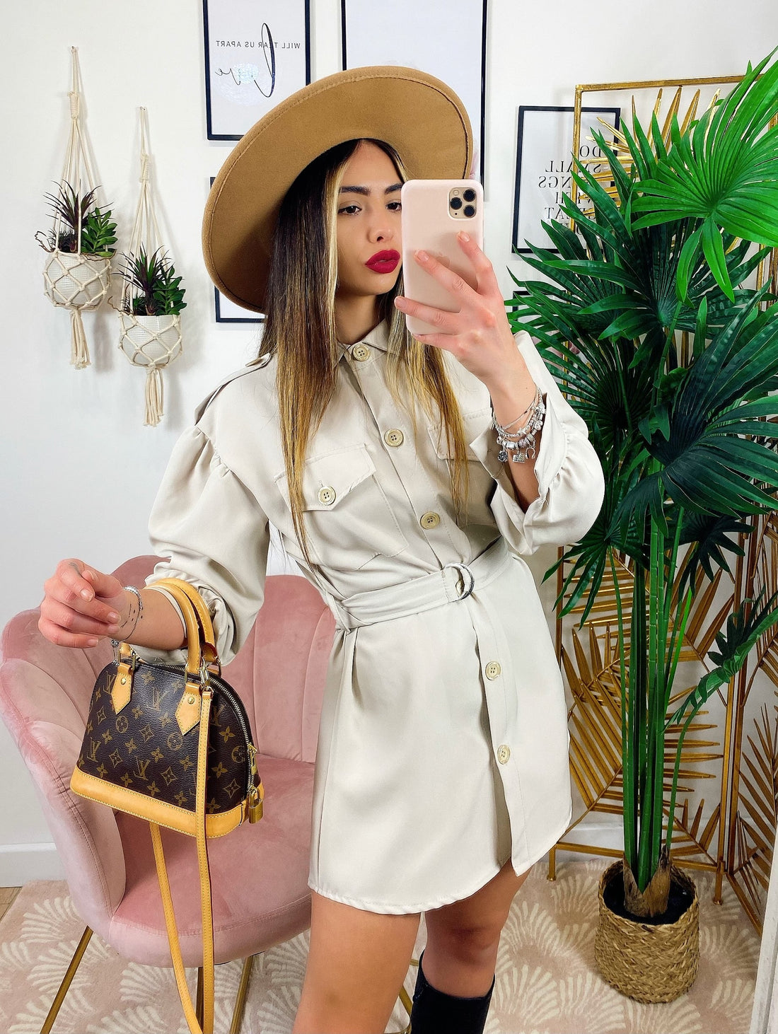 Abito a camicia con cintura beige
