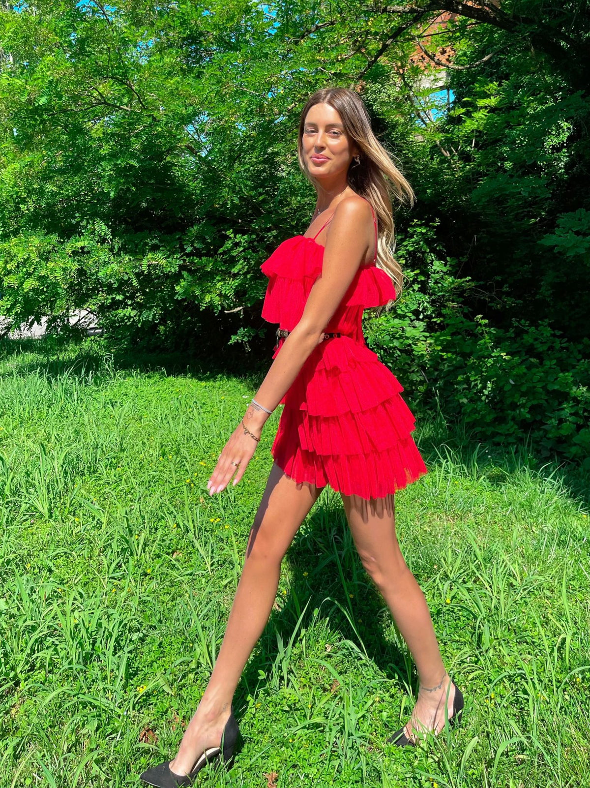 Abito in tulle a balze Venere rosso