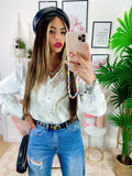 Camicia in raso con frange e strass