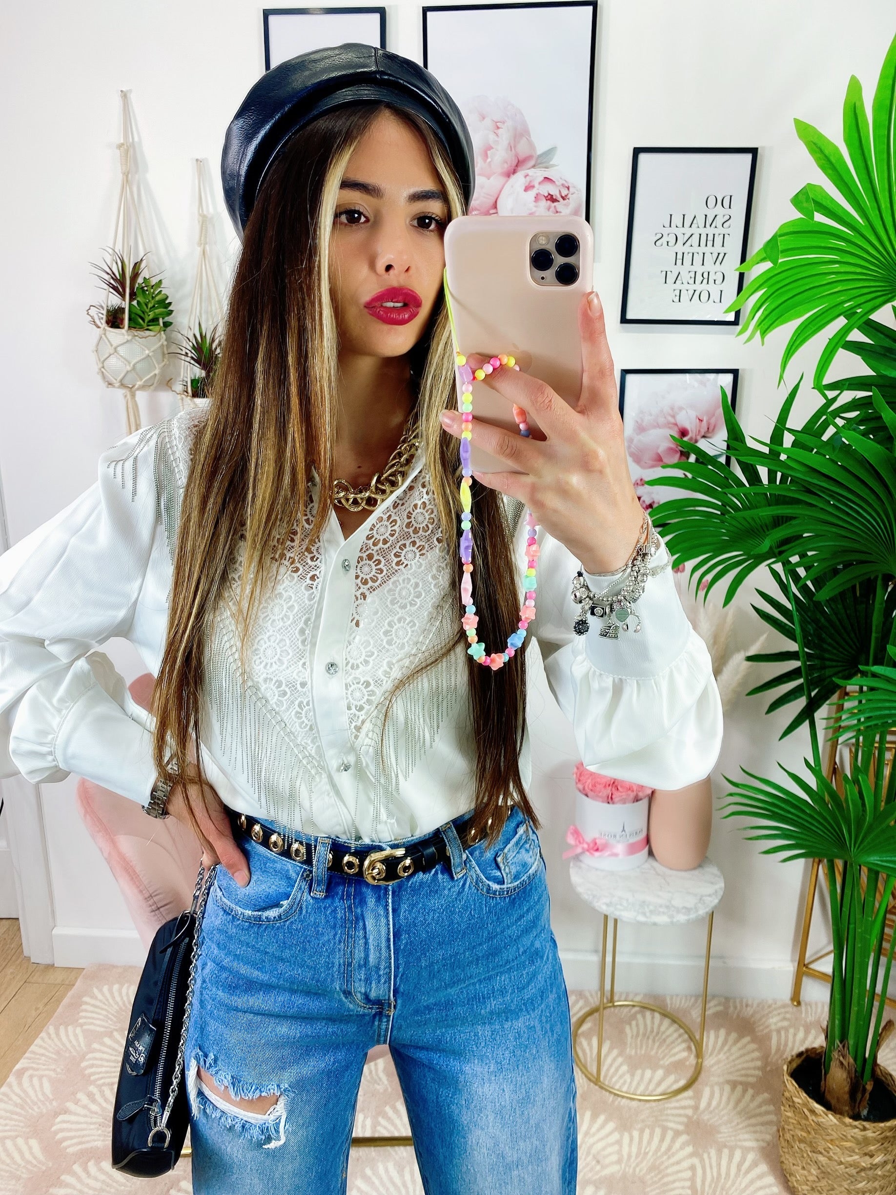 Camicia in raso con frange e strass
