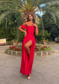 Abito in raso lungo con scollo a barchetta Rosso