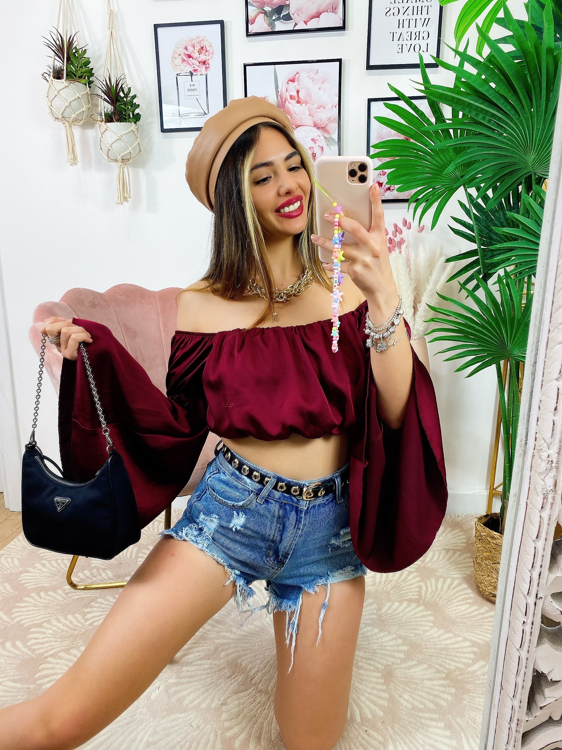 Top in raso manica lunga bordeaux