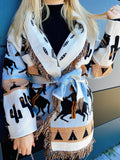 Cardigan frange e cinta con cavallo celeste