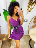 Abito corto viola glitter con gonna asimmetrica
