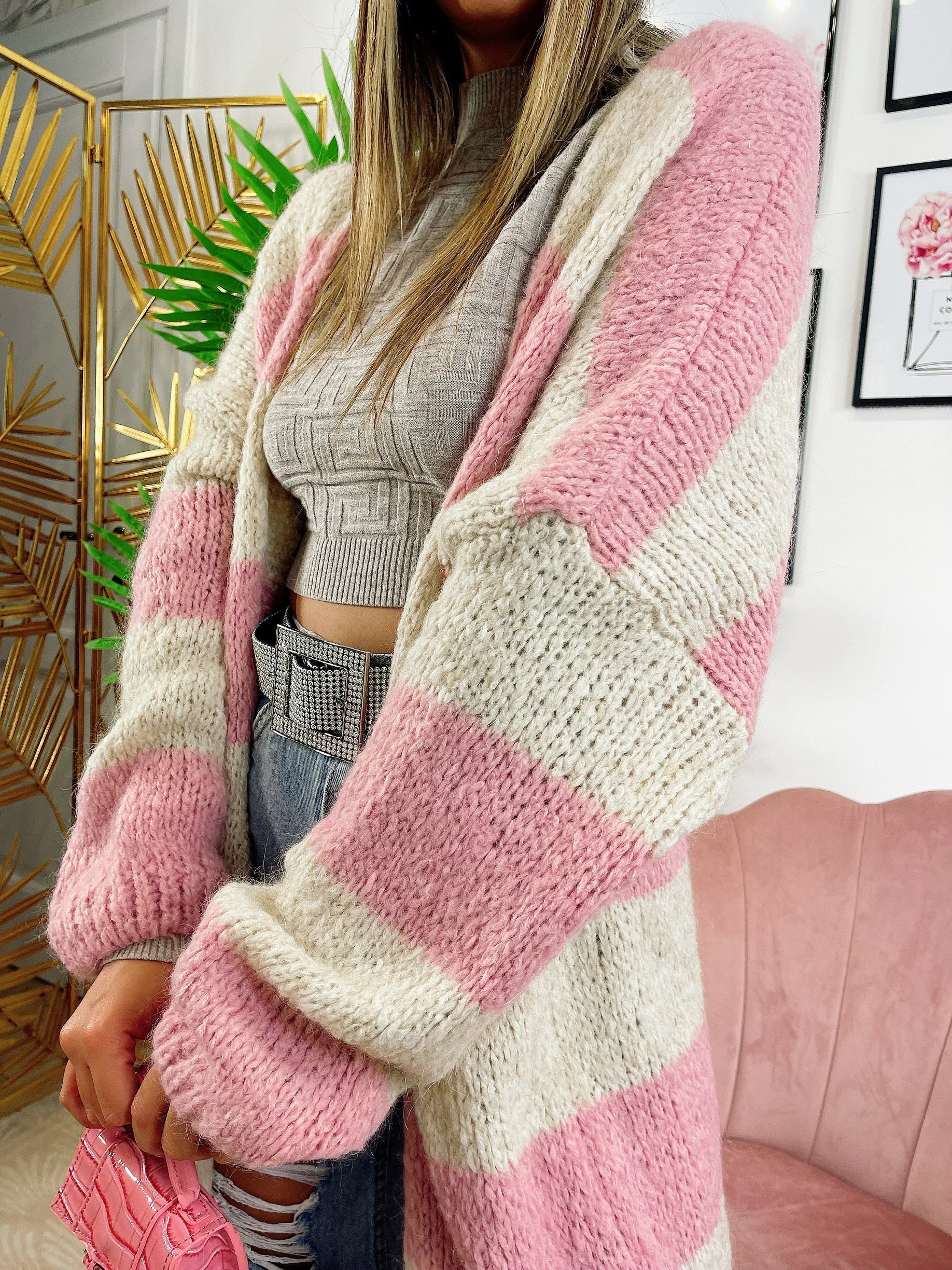 Cardigan morbido a righe rosa