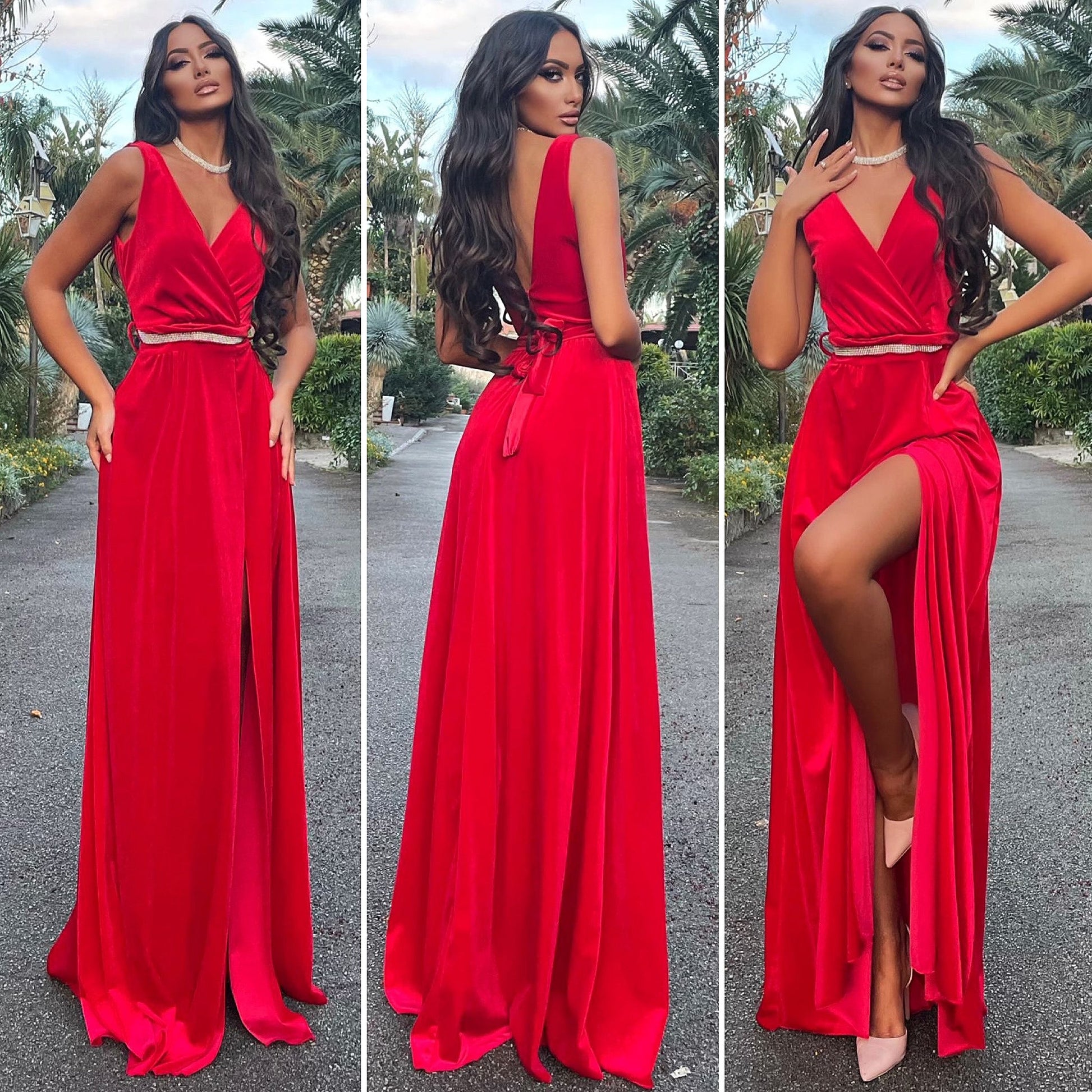 Abito rosso cintura in strass