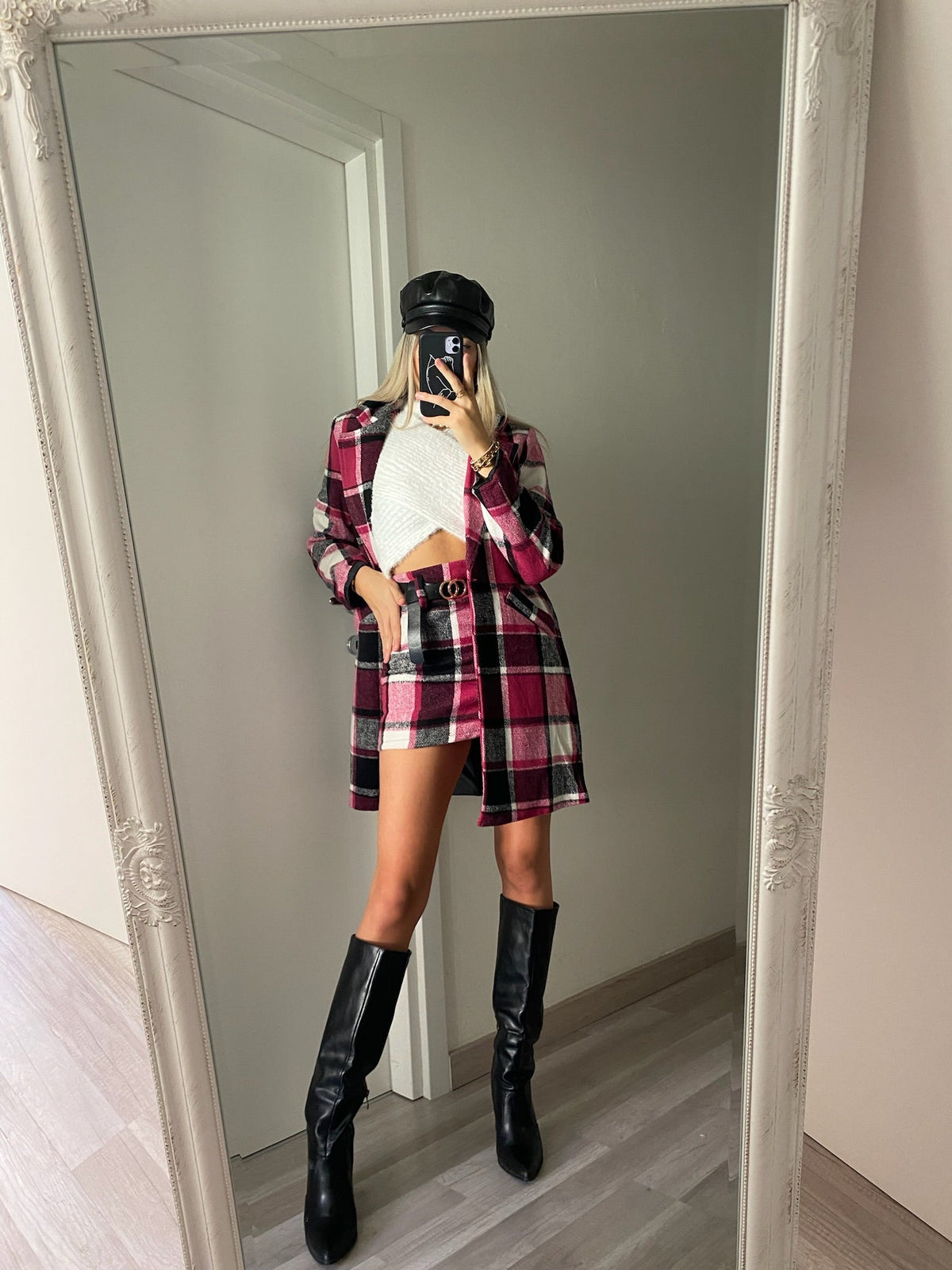 Cappotto check trama Fuxia nero