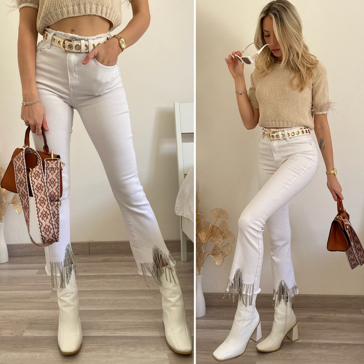 Jeans bianco con frange argento