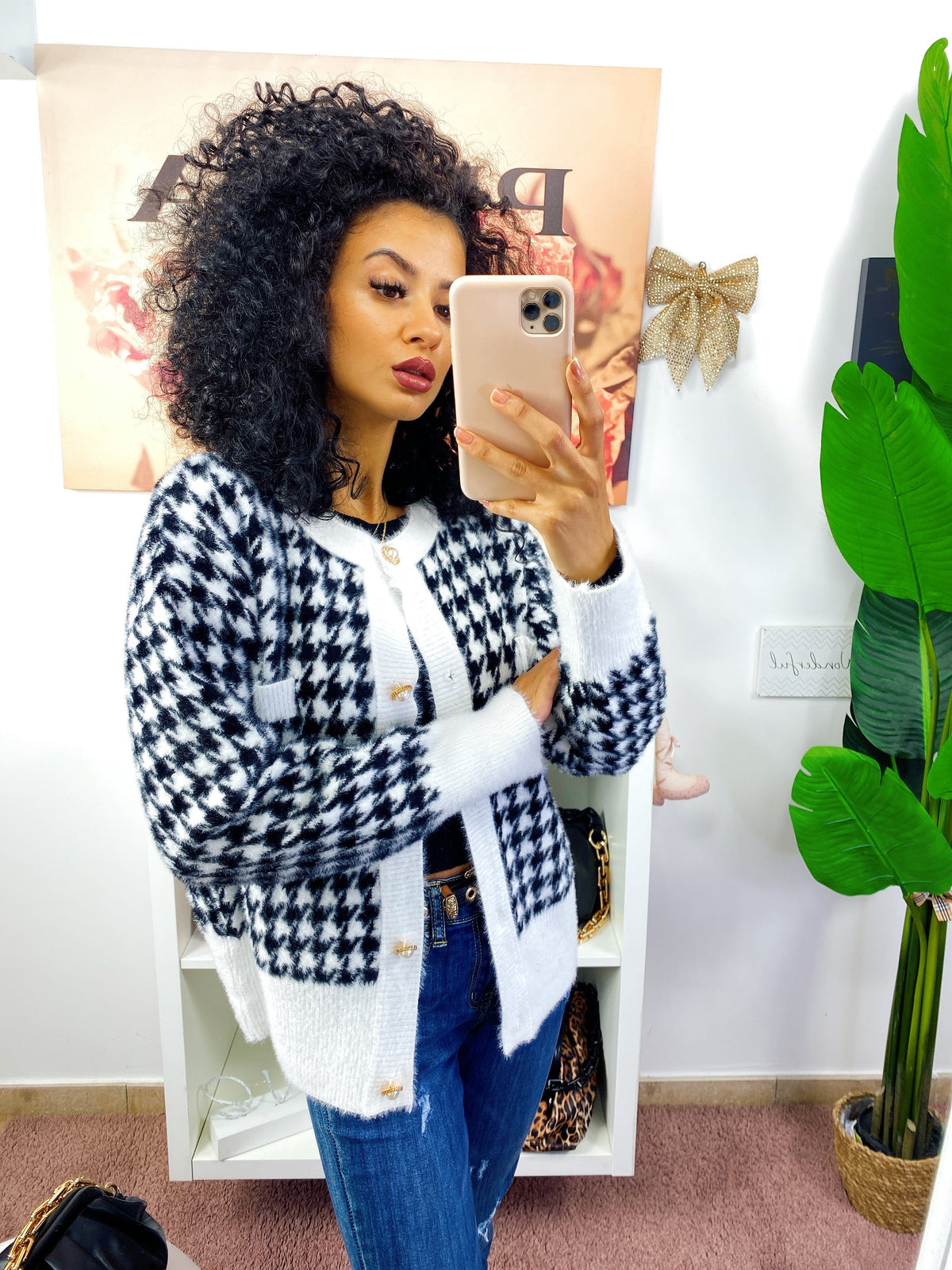 Cardigan pied de poule bottoni in perle