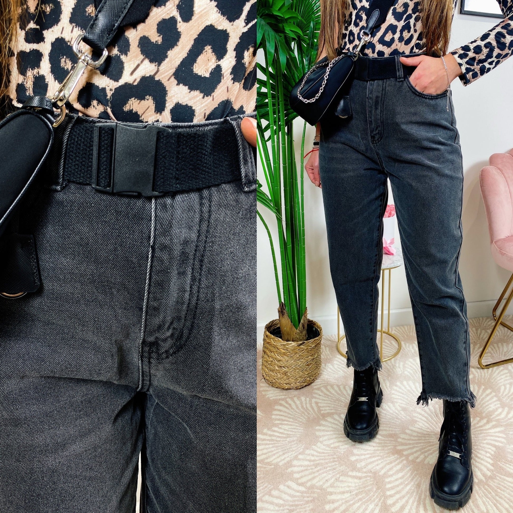 Jeans scuro con cintura sfrangiato