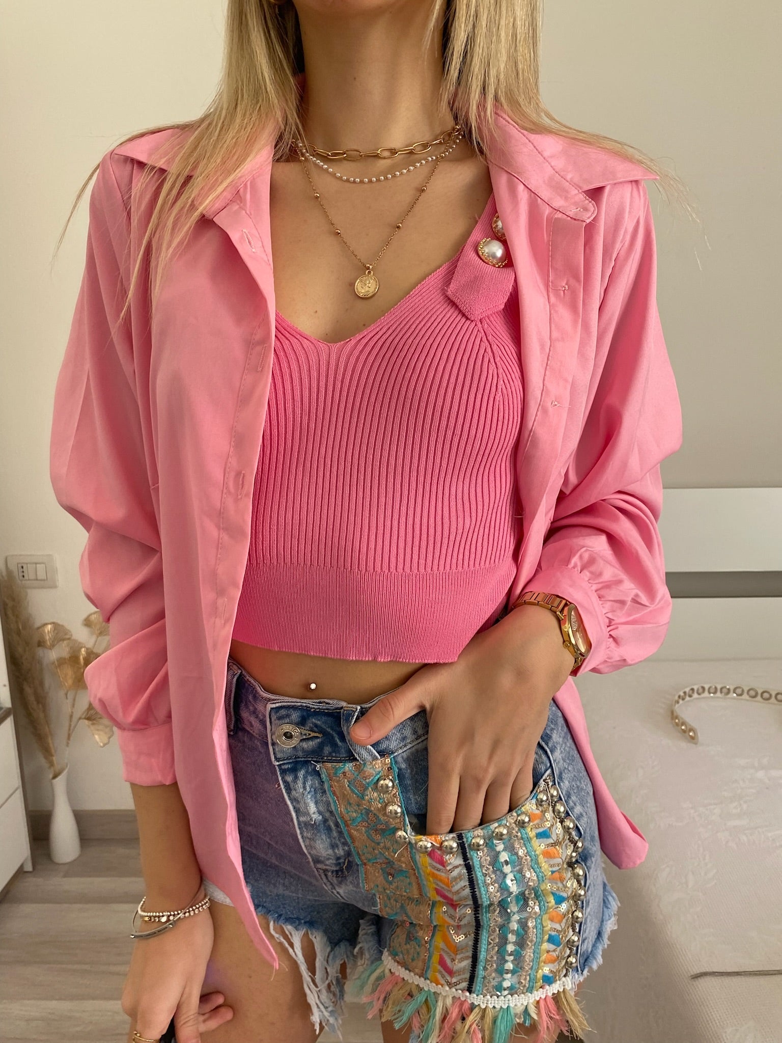 Top più camicia rosa