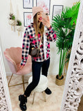 Giacca a quadri nera e fucsia