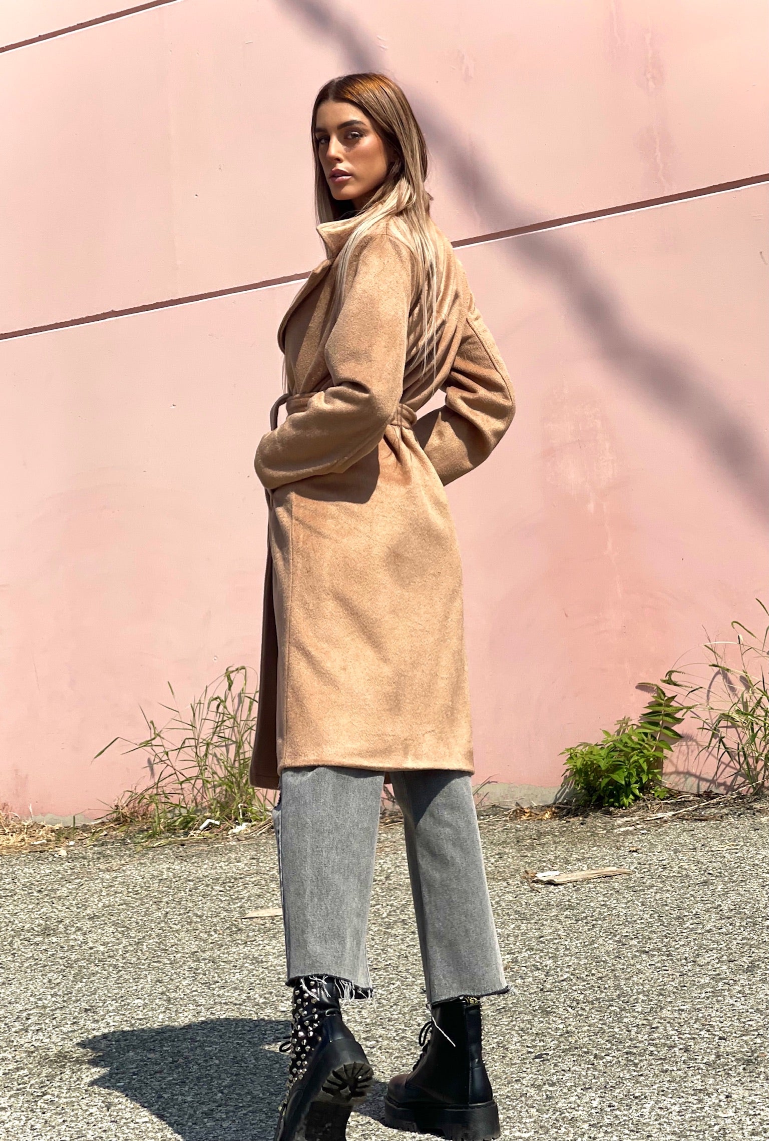 Cappotto lungo Camel con cintura