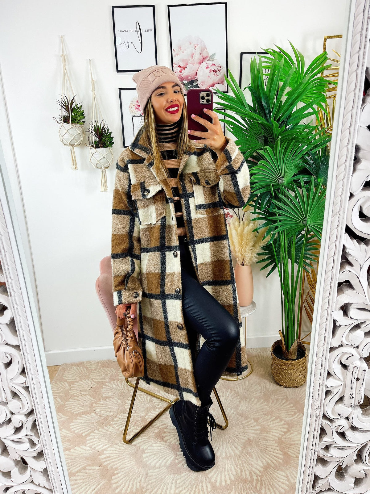 Giacca a quadri lunga Camel Nera