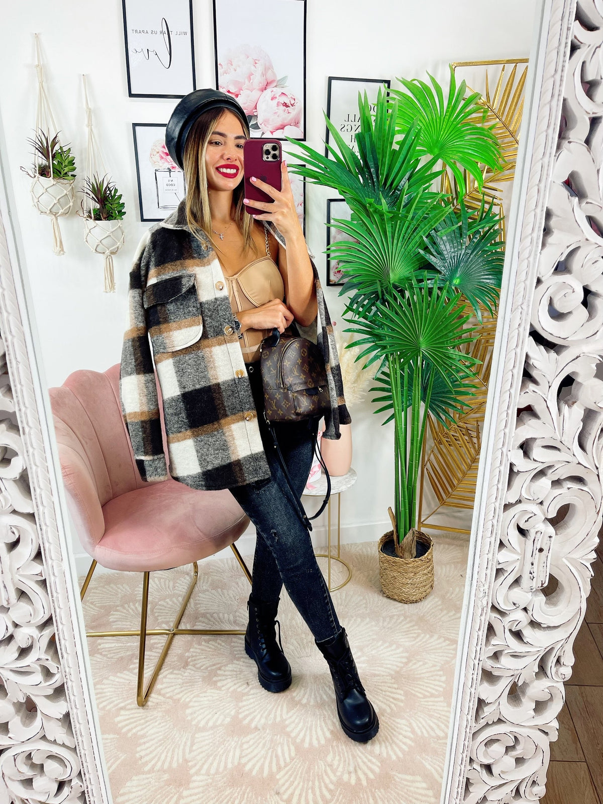 Giacca a quadri dettaglio beige