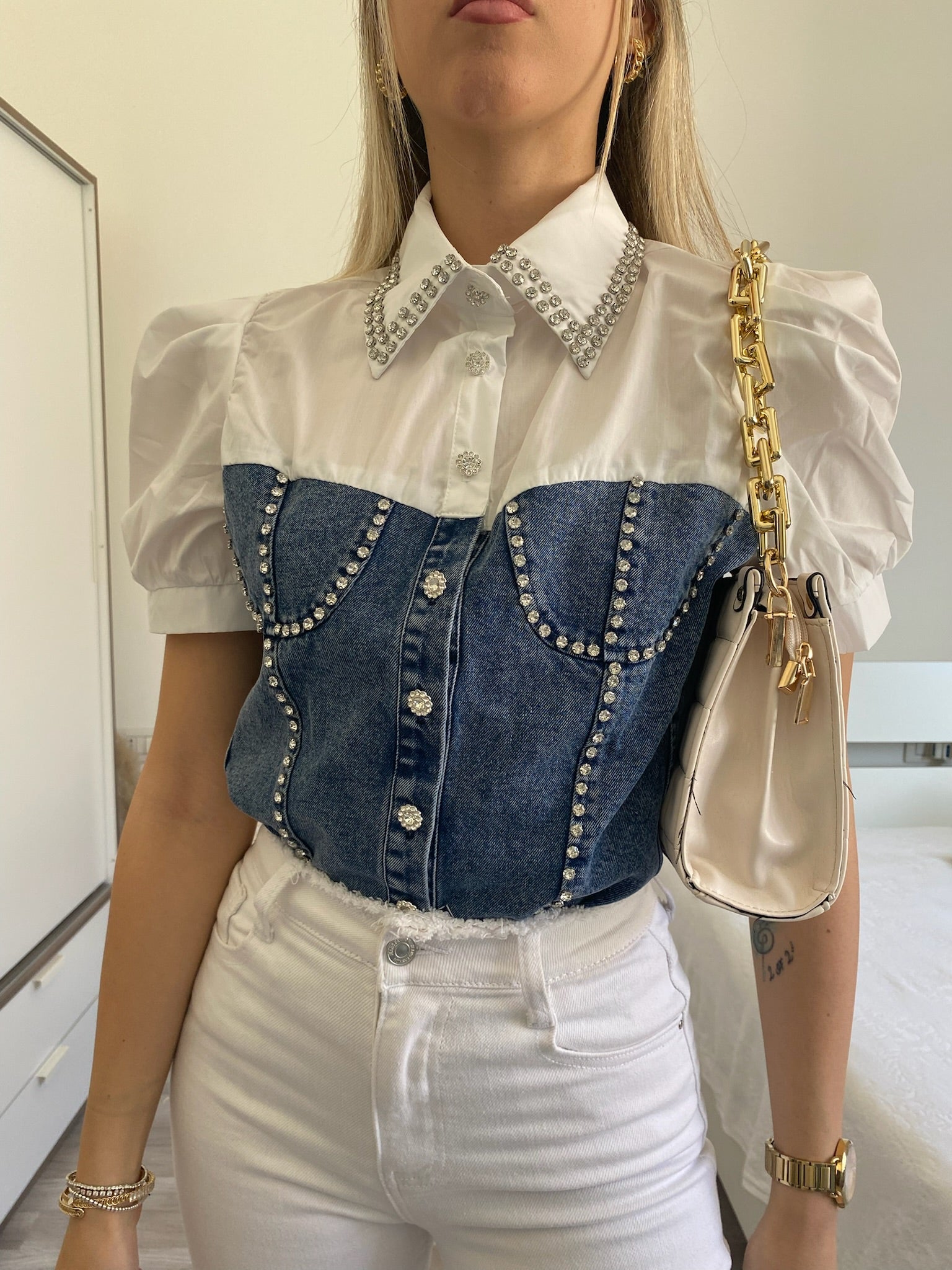 Camicia in jeans con strass