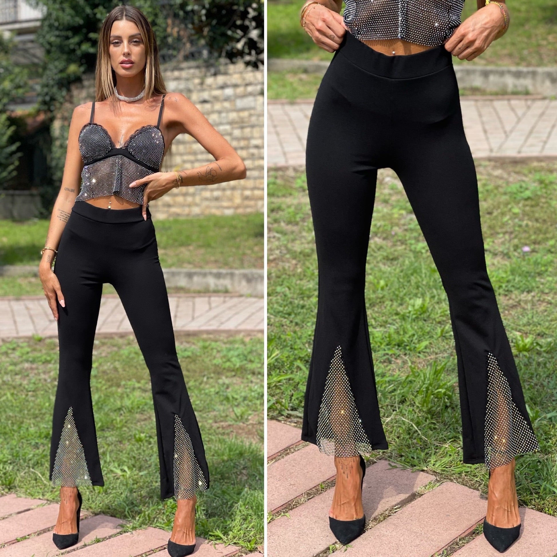 Pantaloni a zampa con strass