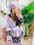 Cardigan con frange e cinta lilla