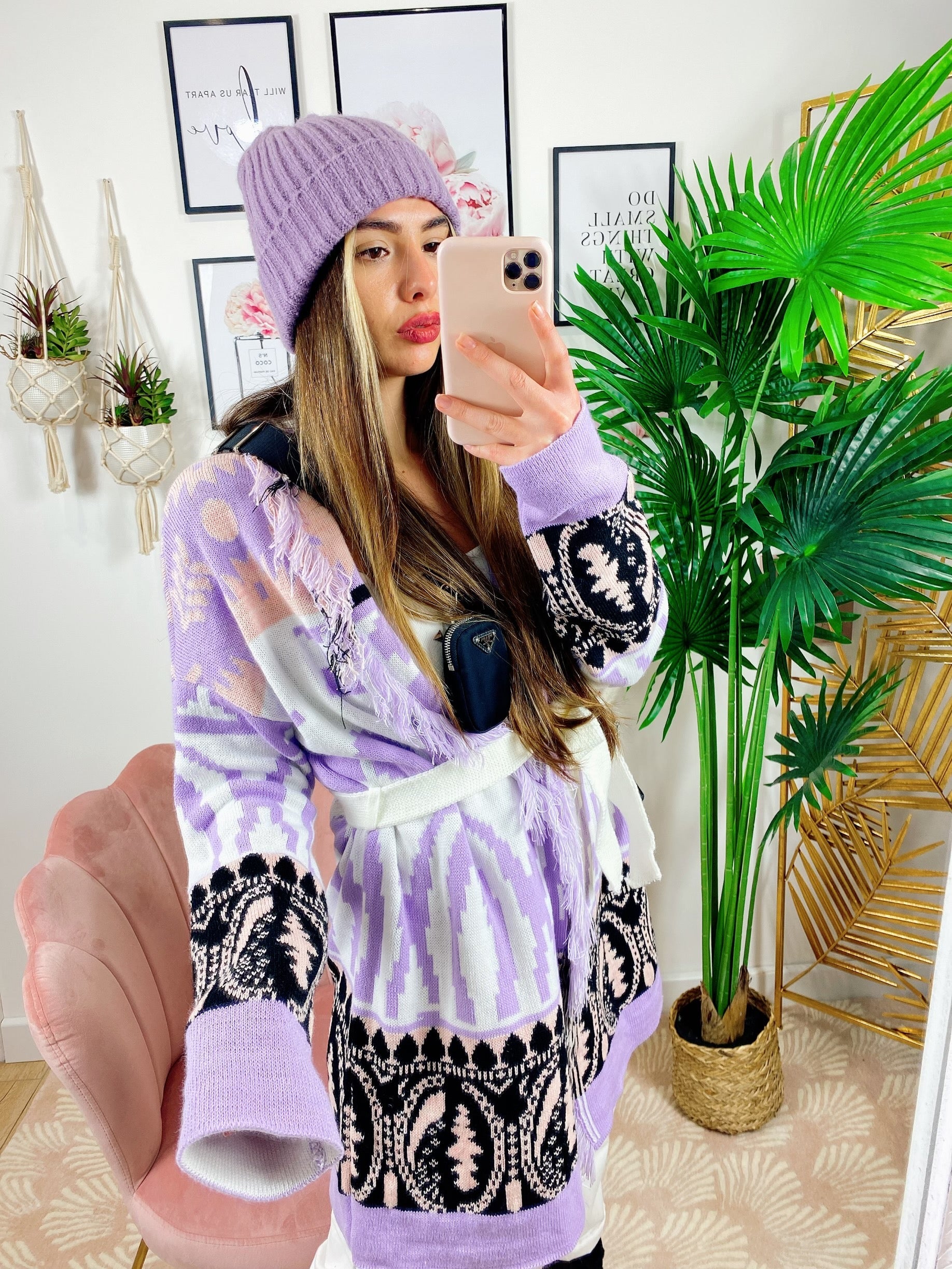 Cardigan con frange e cinta lilla