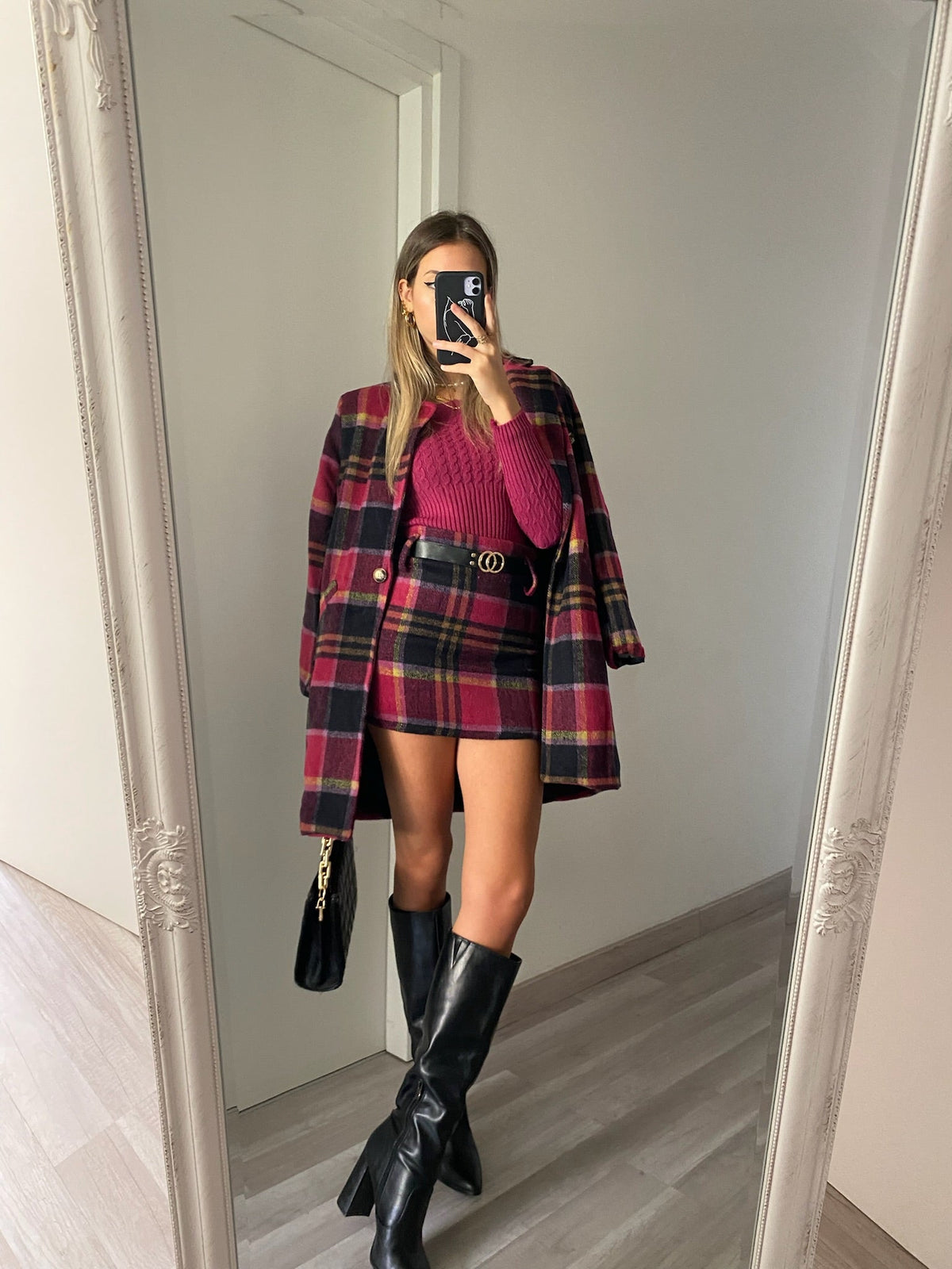 Cappotto check fucsia nero
