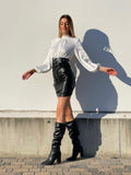 Abito con camicia di raso e gonna in ecopelle