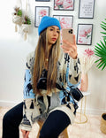 Cardigan frange e cinta con cavallo celeste