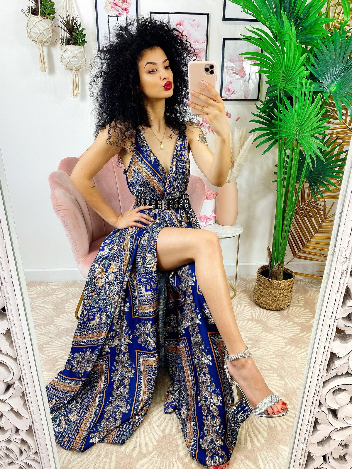 Dress Lungo con maxi spacco blu e arancione