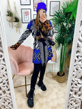 Cardigan Zebrato con frange e cinta in Blu