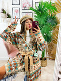 Cardigan lungo con frange colori tenui dettaglio verdeacqua
